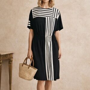 Nora noh vintage black and ivory silk drop waist dress